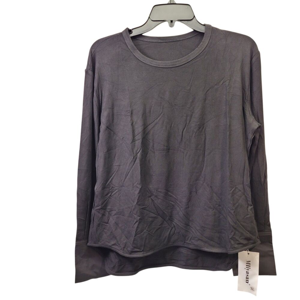 Mliyasan Women's Ribbed Long Sleeve Top Black Layered Hem Button Cuffs X-Large